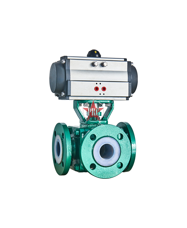 Pneumatic fluorine lined three-way ball valve