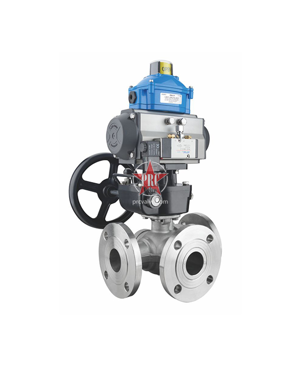 Pneumatic three-way flange ball valve