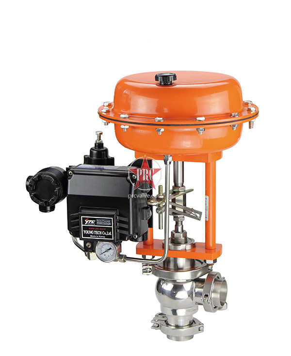 Pneumatic sanitary level regulating valve