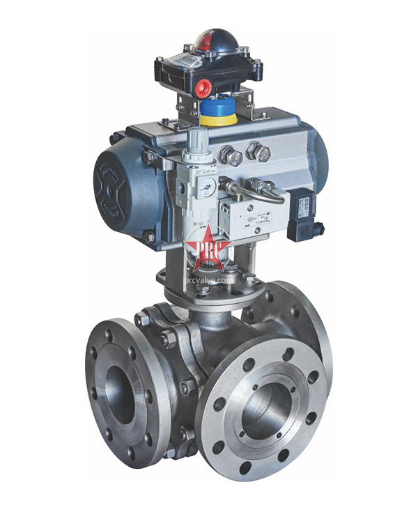 Pneumatic three-way flange ball valve
