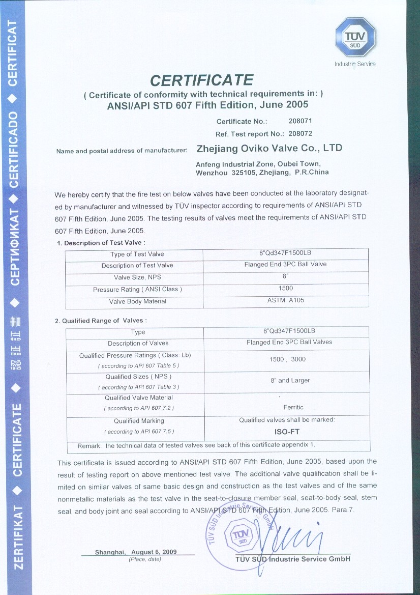 firesafe cert API607_8-1500LB TRUNNION